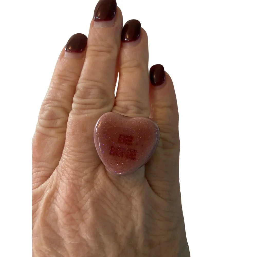 Heart Be Mine Resin Glitter Ring‎ Statement Ring  Silver Tone size 6